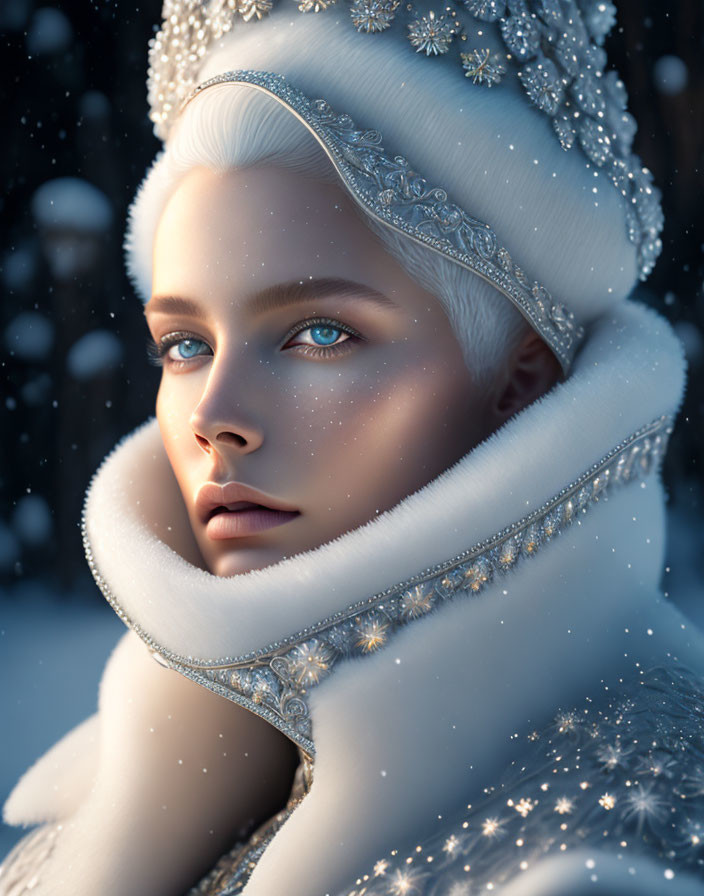 Pale-skinned woman in white fur hat and cloak with silver embroidery and gemstones, surrounded by snow