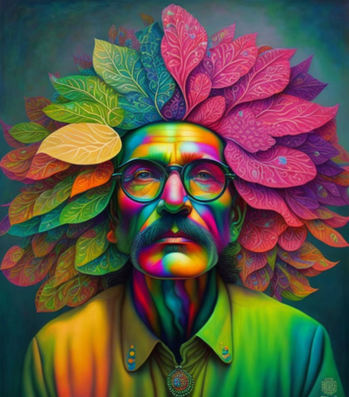 Colorful portrait of a man with mustache and leaf-patterned headdress