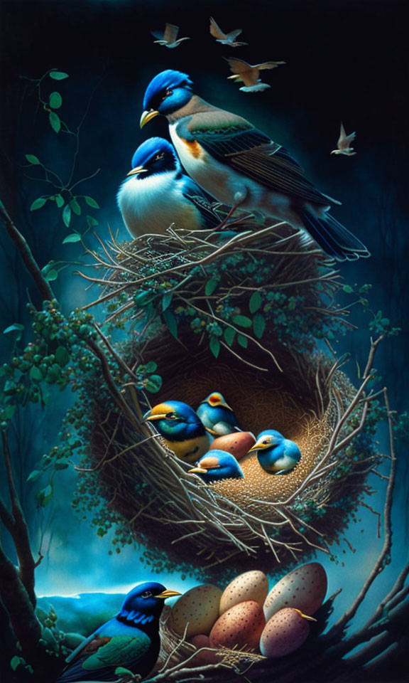 Colorful Birds Family Painting in Nocturnal Forest Scene