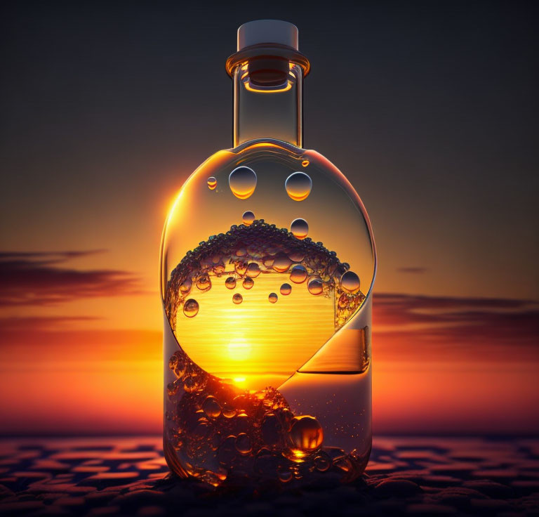 Glass Bottle with Spherical Liquid Bubble Reflecting Vibrant Sunset