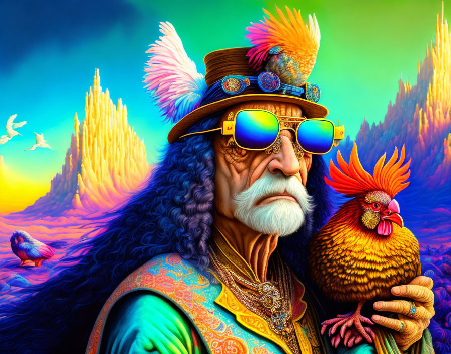 Elderly man in feathered hat holds rooster against vibrant landscape