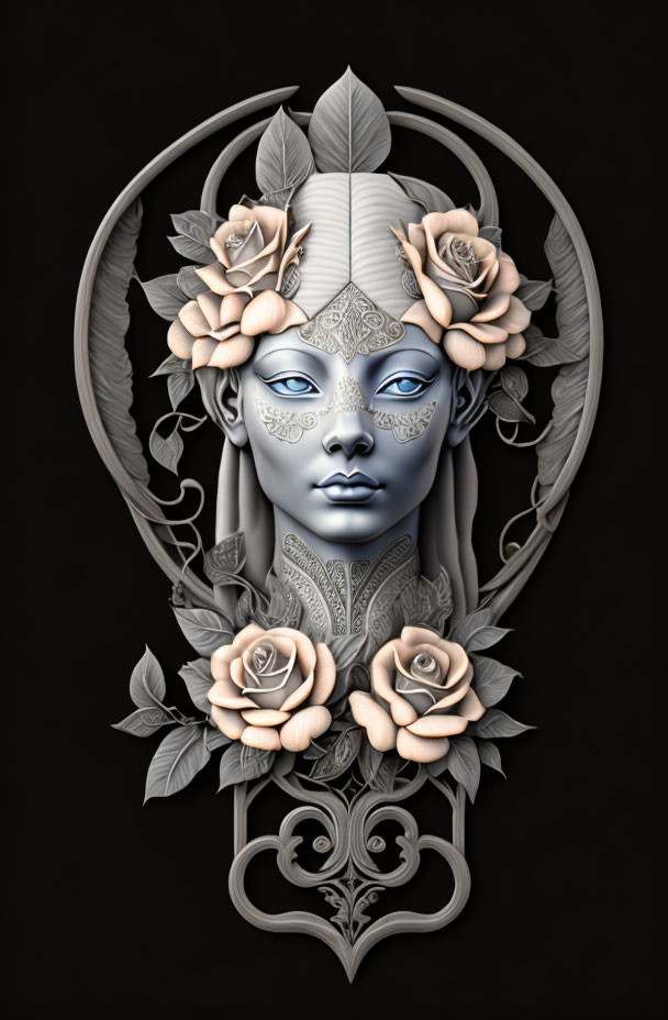 Stylized 3D illustration of blue-skinned female face in ornate frame with floral elements