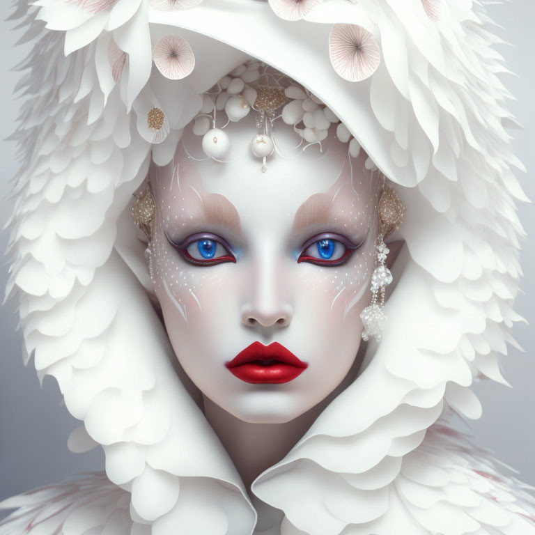 Surreal portrait of woman with blue eyes, red lips, white floral motifs, pearls, feathers