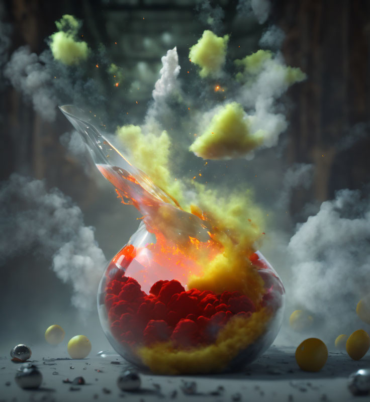 Colorful explosion of flask in laboratory accident scene