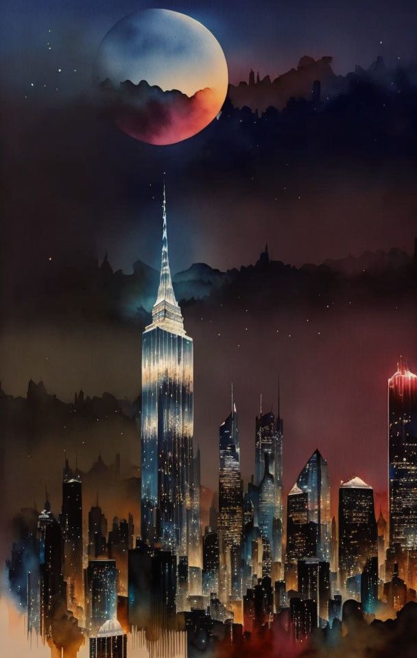 Night cityscape with illuminated skyscraper and surreal moon in starry sky