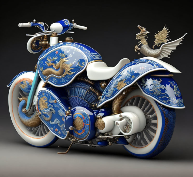 Exquisite porcelain-patterned motorcycle with golden dragons.