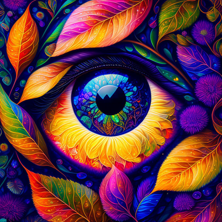 Colorful Digital Artwork Featuring Eye and Floral Patterns