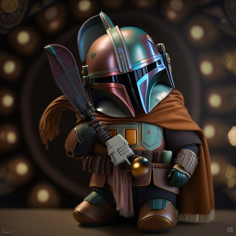 Character in Mandalorian armor with blaster in stylized illustration