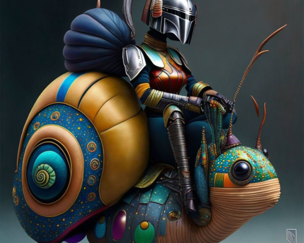Futuristic knight in armor riding large snail with vibrant colors