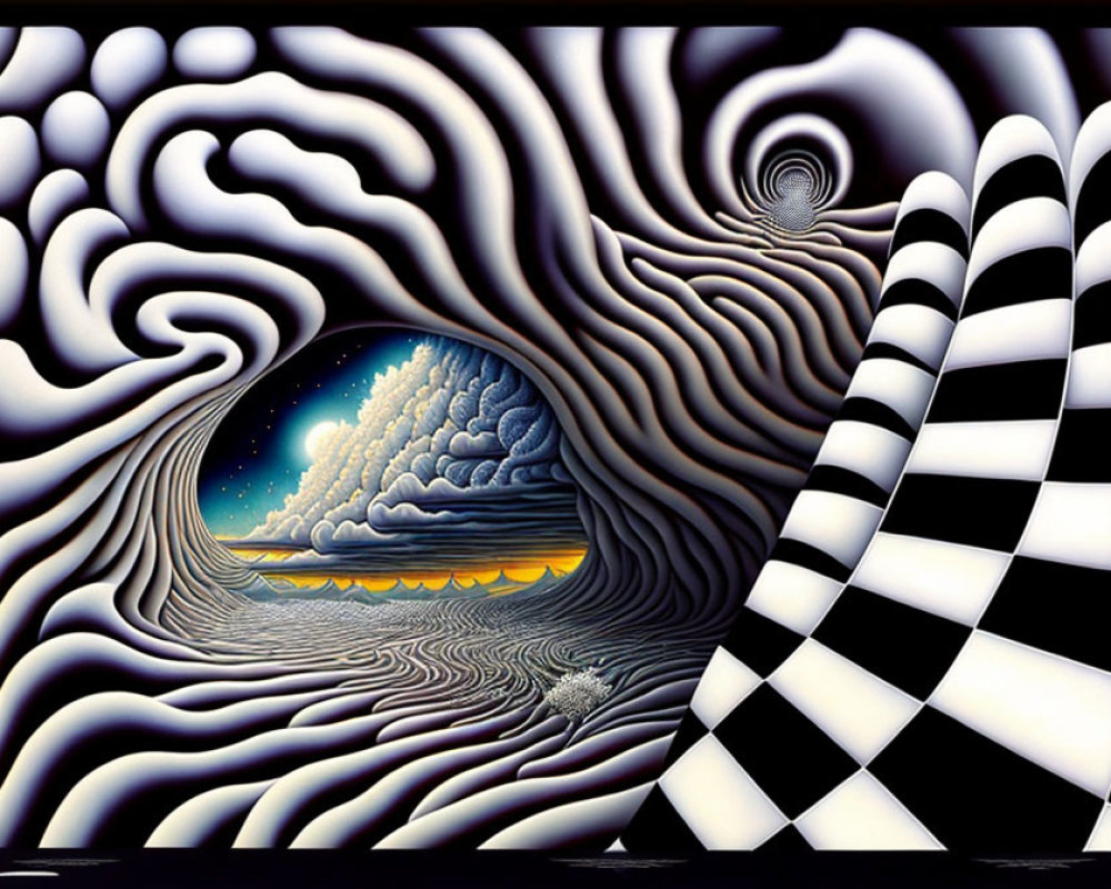 Surrealistic landscape with wavy patterns and checkerboard foreground