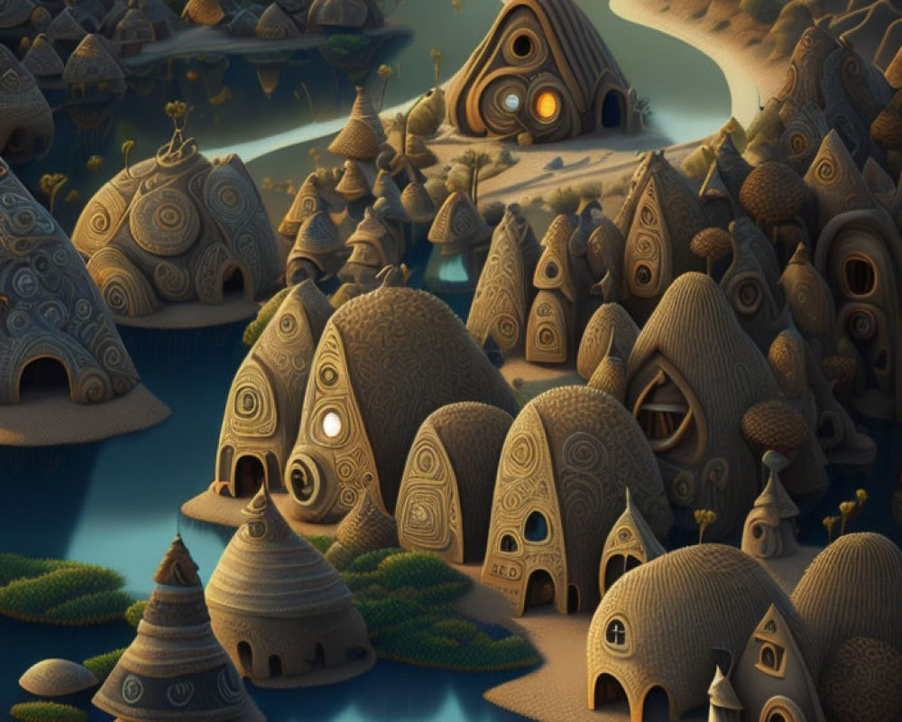 Whimsical Dome-Shaped Houses by Winding River at Twilight