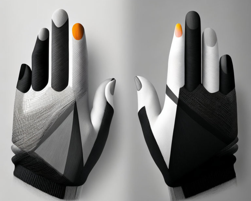 Modern fingerless gloves with black and gray design, orange fingertips.
