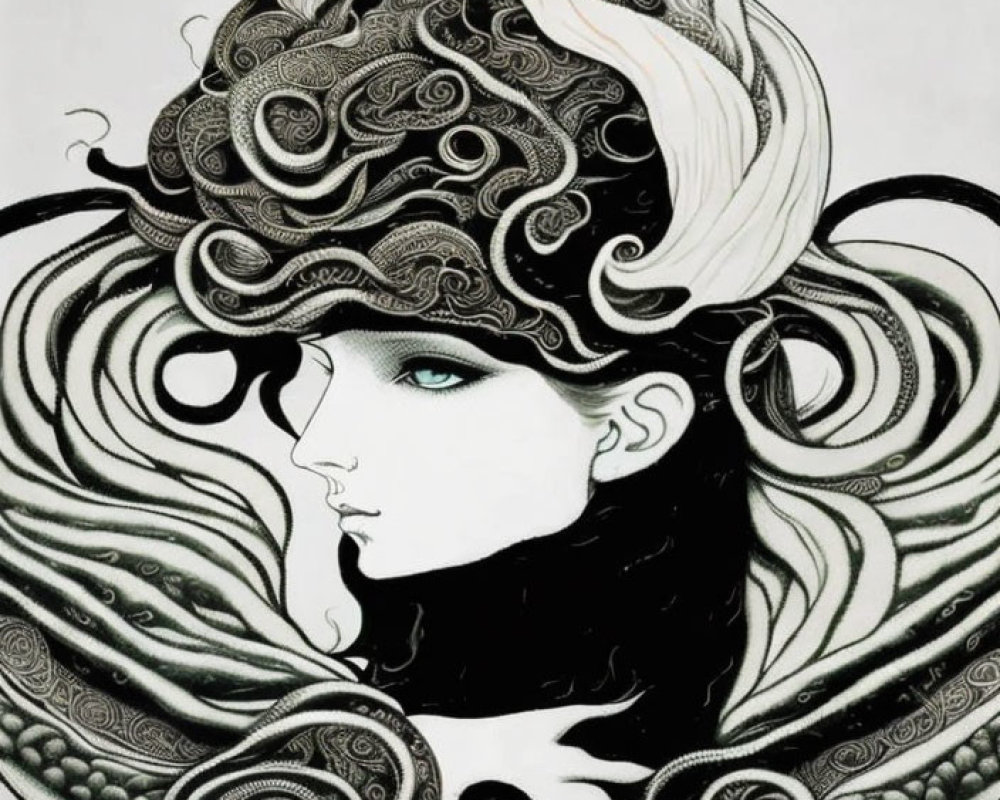 Monochrome illustration of woman with intricate hair patterns