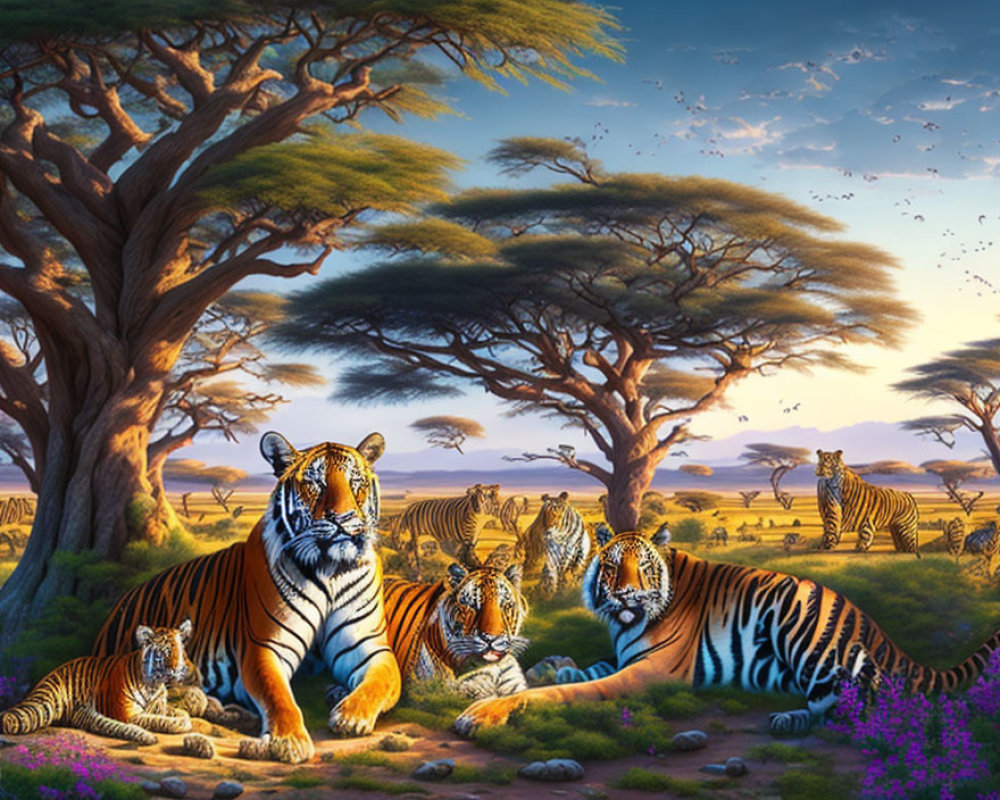 Tigers Resting in Surreal Savanna Landscape