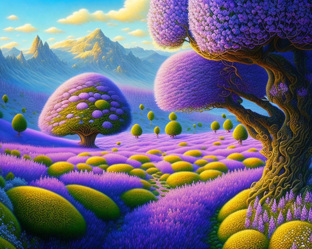 Surreal landscape with vibrant purple and green foliage on rolling hills