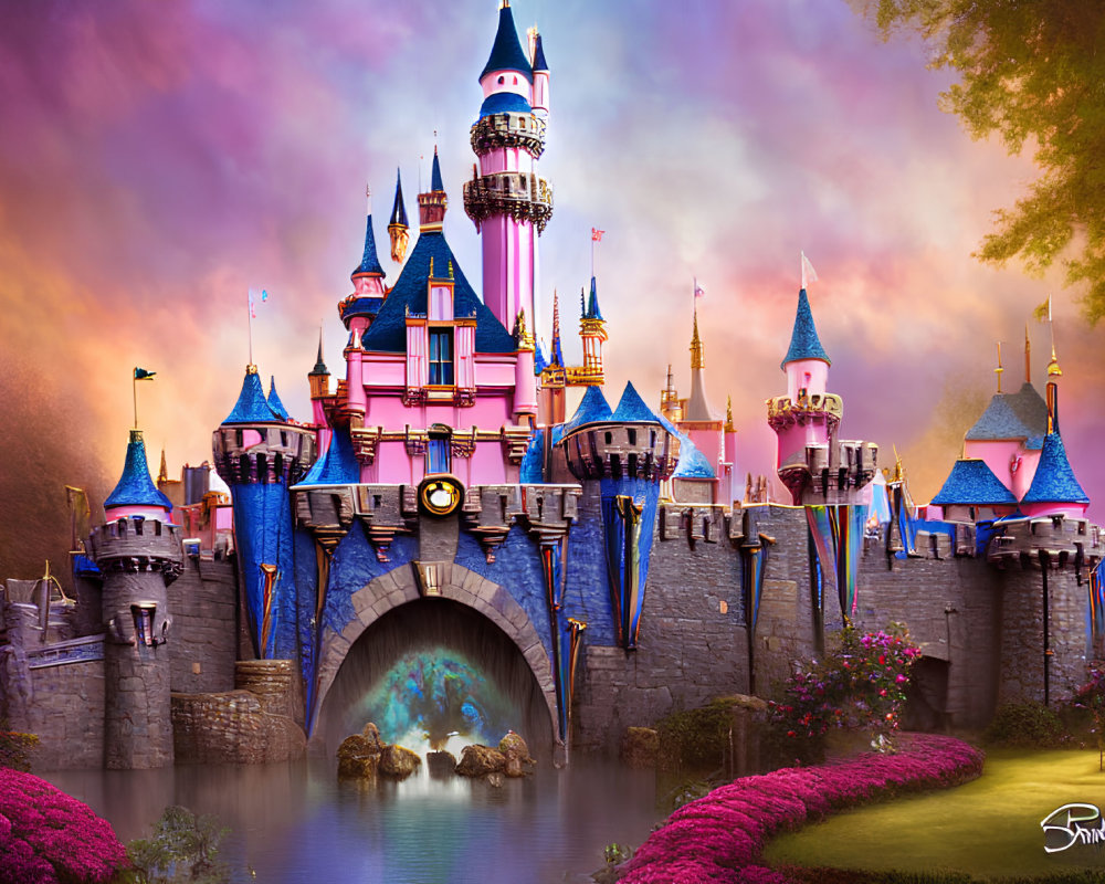 Fantasy castle with pink and blue towers under pink sky