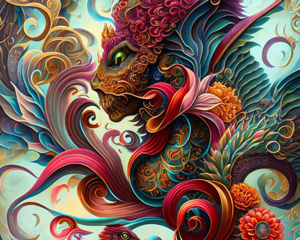 Colorful Fantasy Artwork: Dragon and Bird with Intricate Patterns
