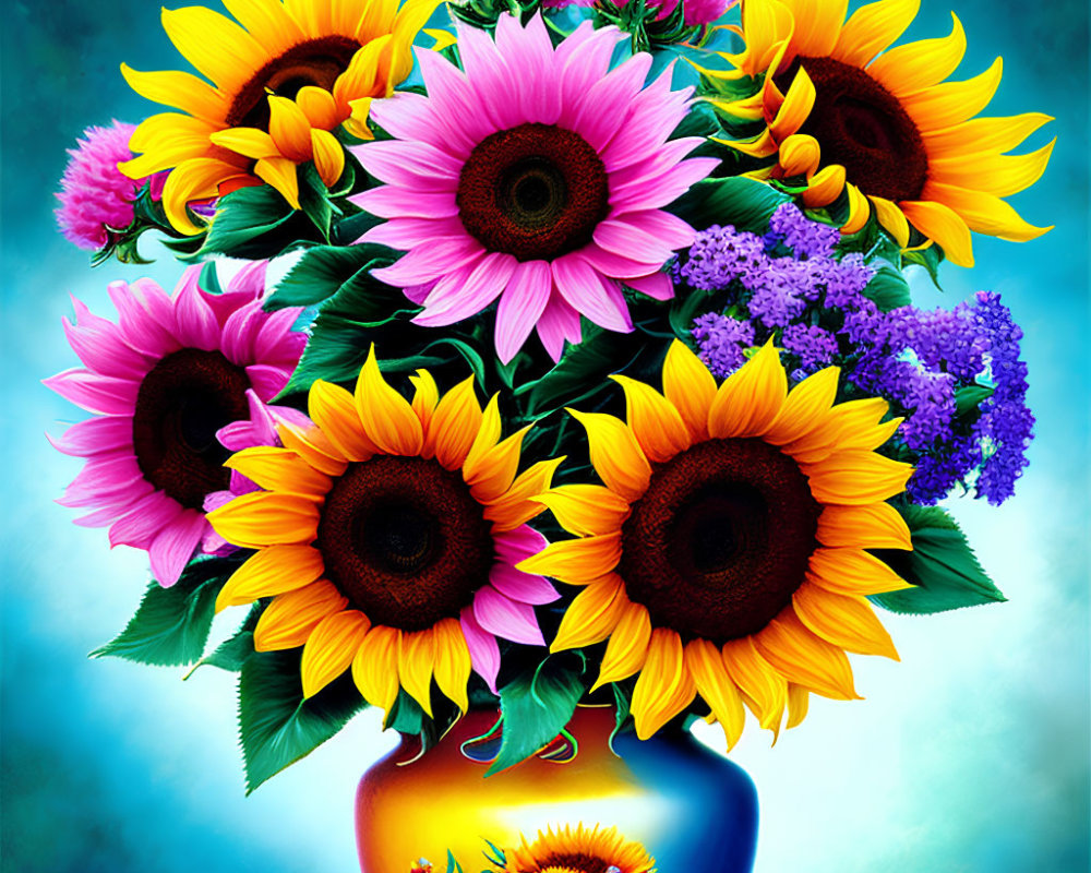 Sunflowers and Pink Blooms Bouquet on Turquoise Background