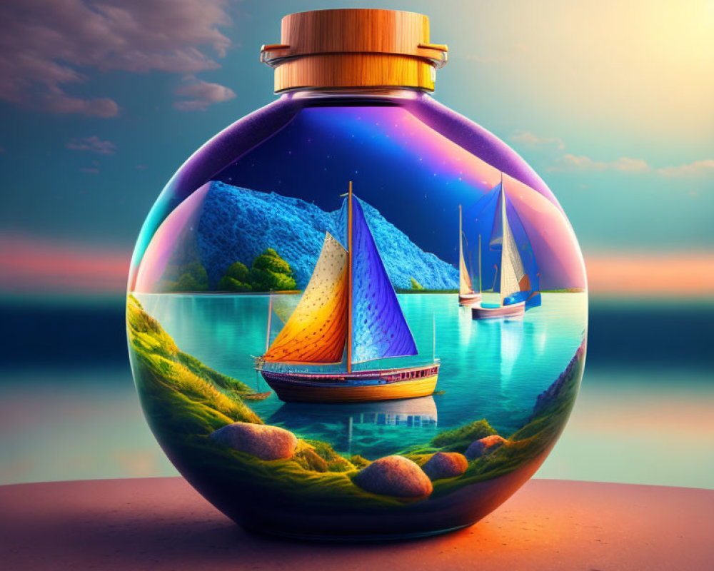 Glass terrarium with miniature sailboats and starry sky landscape