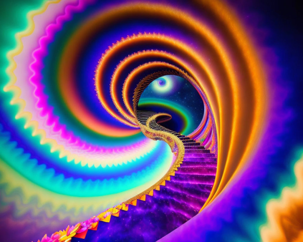 Colorful Fractal Image: Spiraling Staircase Pattern with Eye