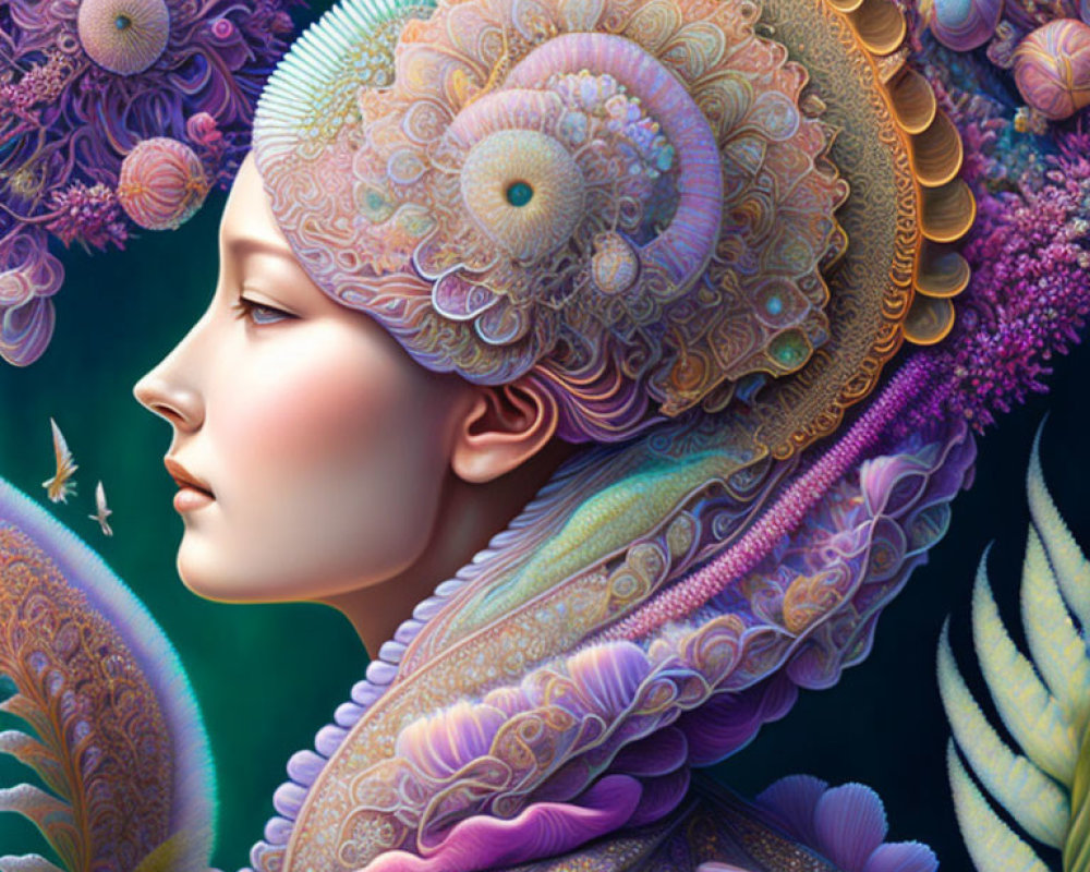 Colorful Floral Designs Adorn Woman in Surreal Botanical Scene