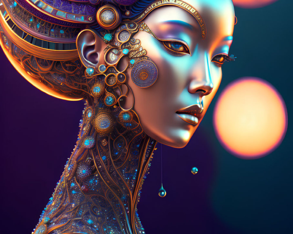 Futuristic female figure with ornate metallic headgear and gear-like adornments against glowing orbs.