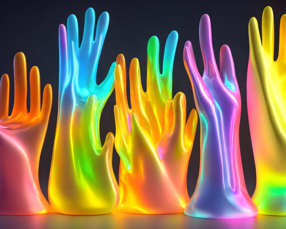 Vibrant neon-lit translucent hand sculptures on dark backdrop