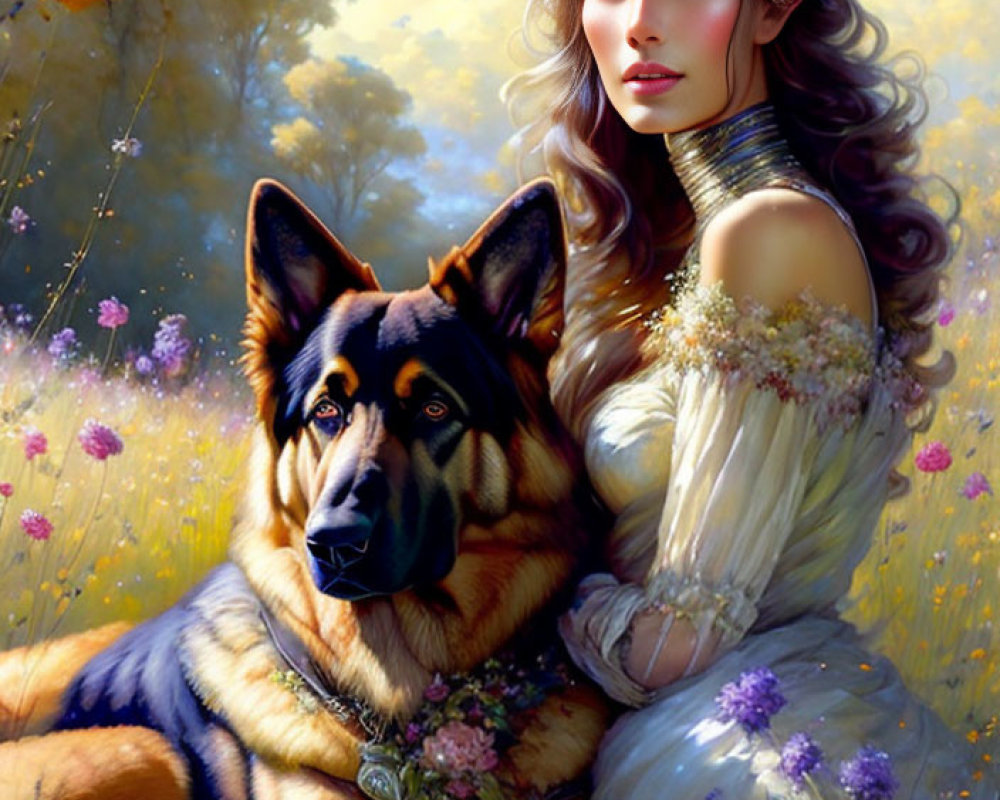 Fantasy-themed woman with floral adornments beside German Shepherd in sunlit meadow