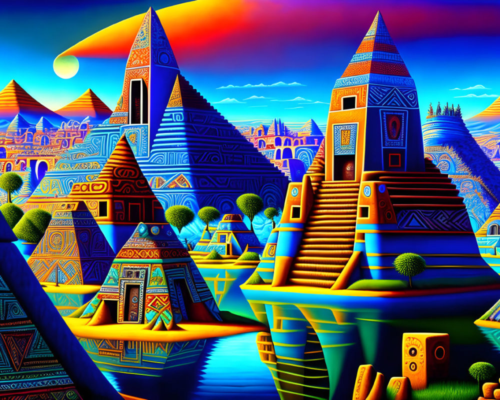 Colorful artwork of imaginative pyramids and structures under a crescent moon