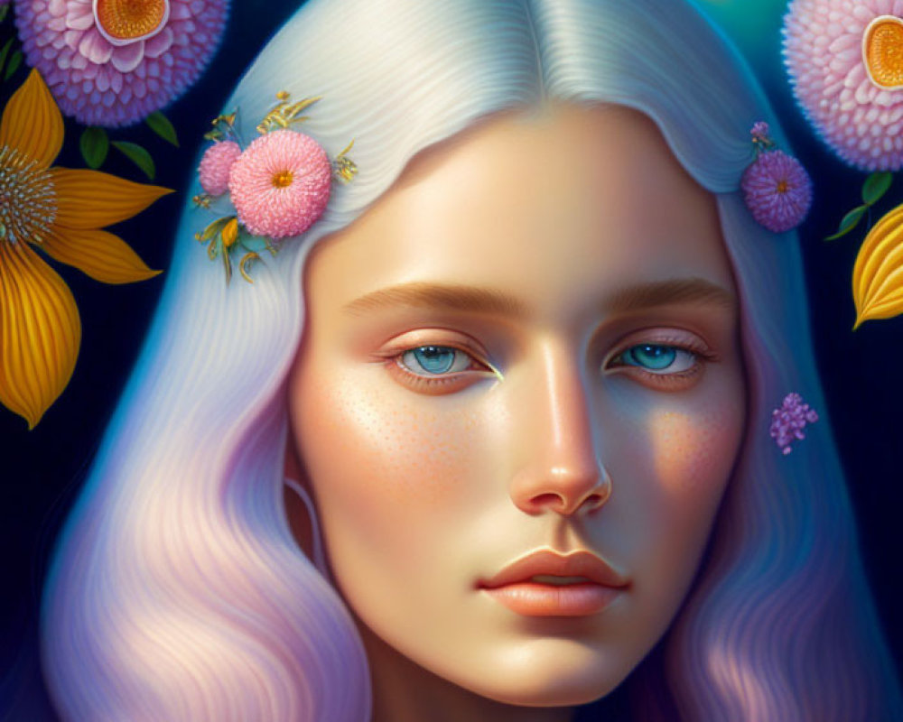 Detailed Digital Portrait: Woman with Pastel Purple Hair and Blue Eyes Among Vibrant Flowers on Dark Blue