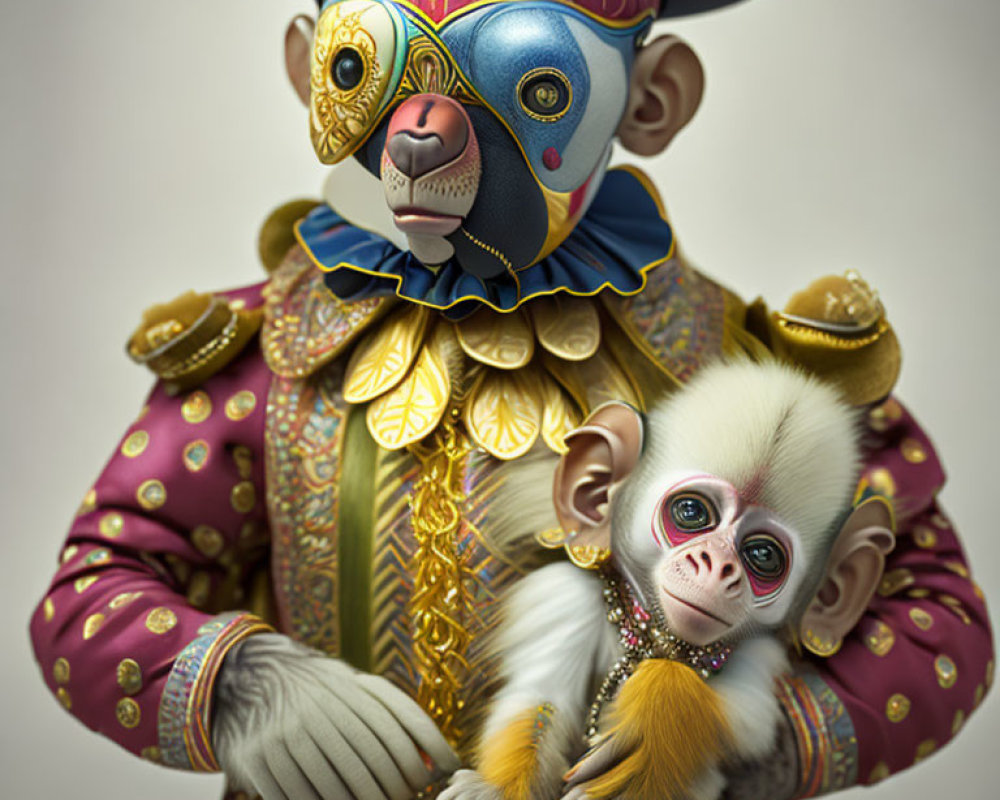 Stylized mandrill in ornate gold outfit with baby monkey in pink skin