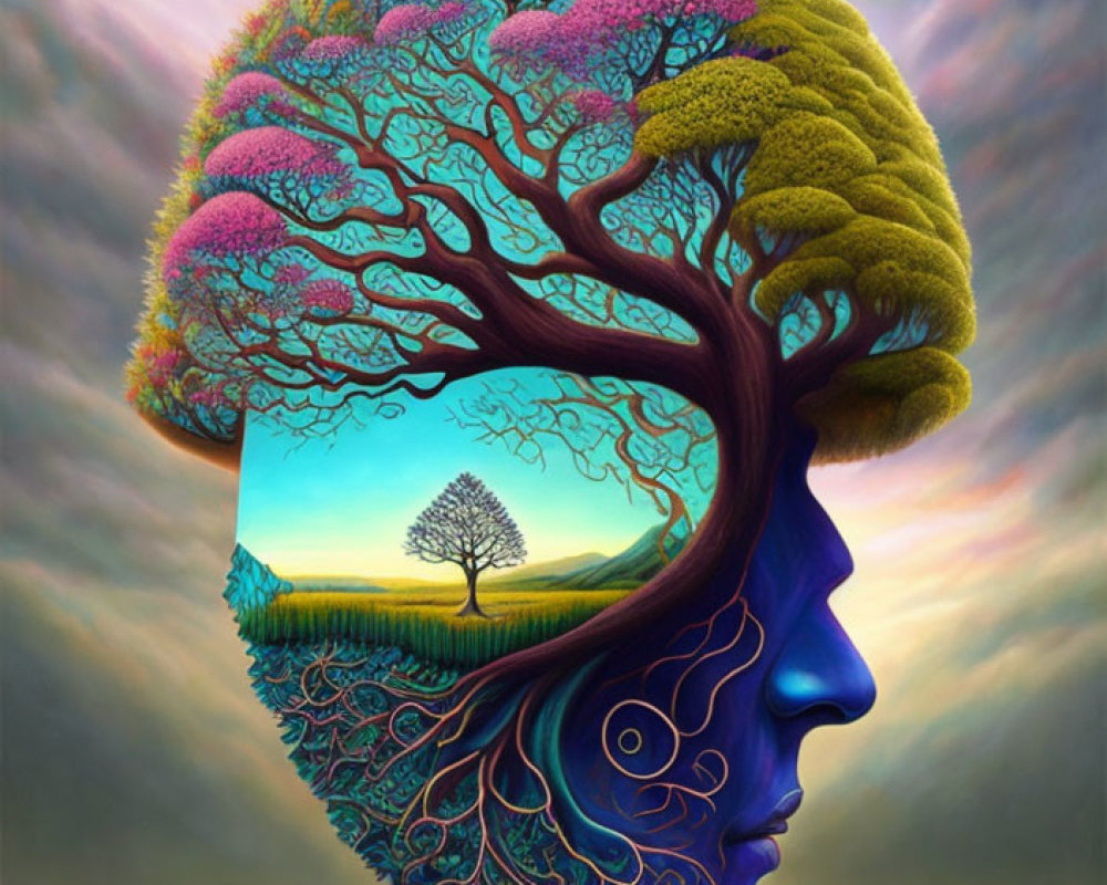 Vibrant tree brain profile illustration in serene landscape