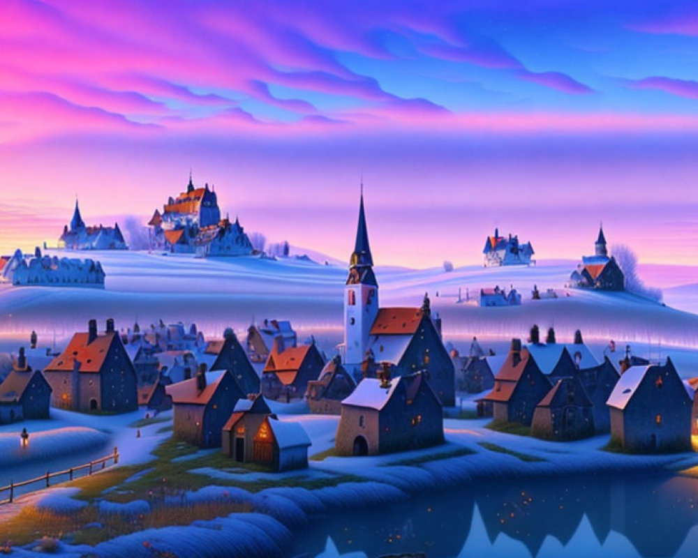 Snowy hills, frozen river, quaint houses, distant castles in twilight winter landscape