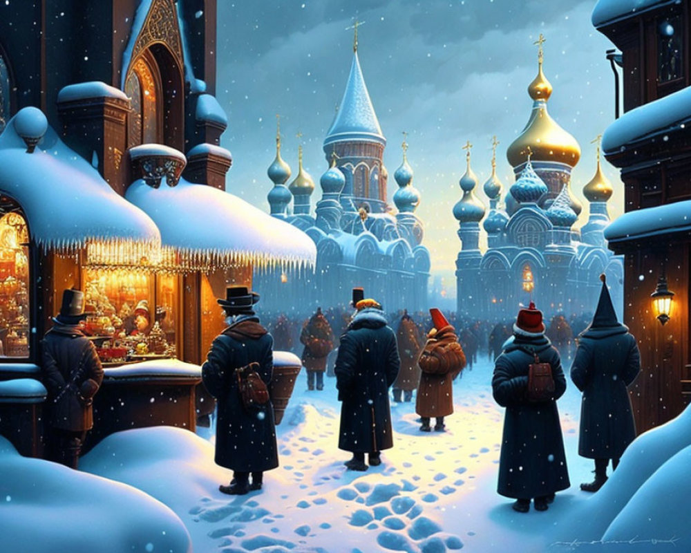 Snowy Evening Scene: People in Coats at Lit Market Stall with Russian Architecture