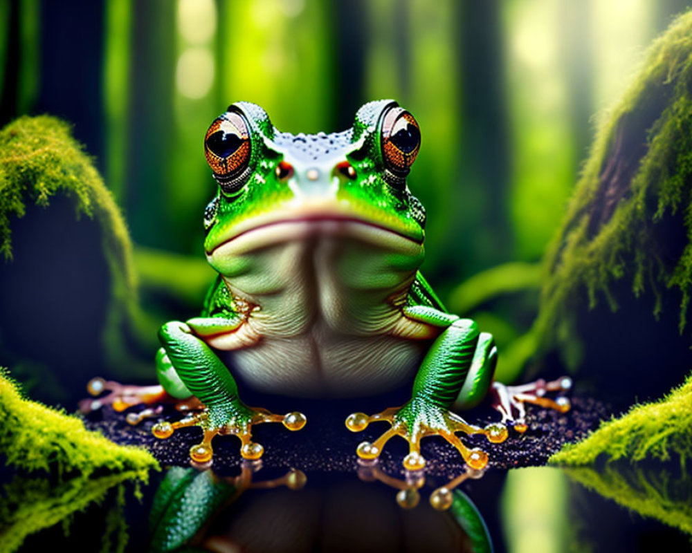 Green frog with orange eyes on branch in lush tropical setting
