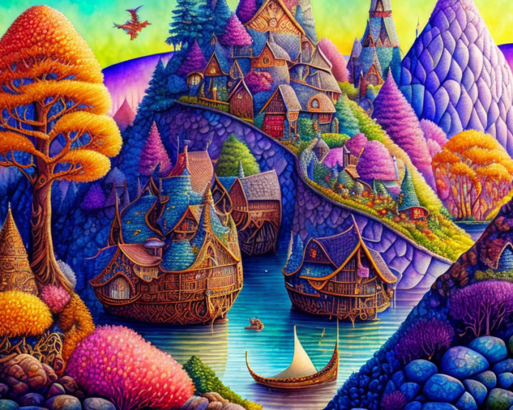 Colorful Fantasy Landscape with Thatched Roof Houses on Water