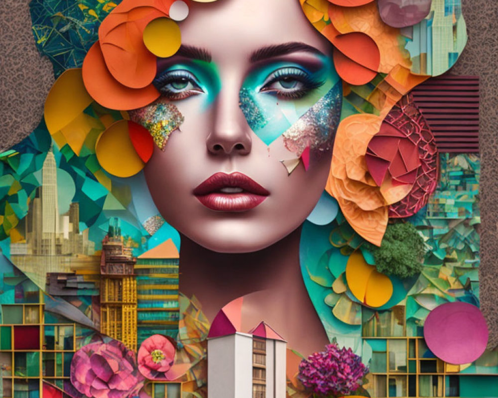 Colorful digital collage of woman's face with bold makeup and urban skyline.