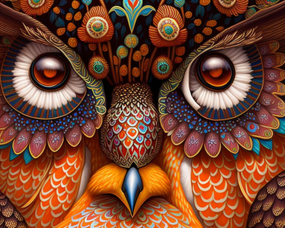 Symmetrical Owl Illustration with Vibrant Feather Patterns