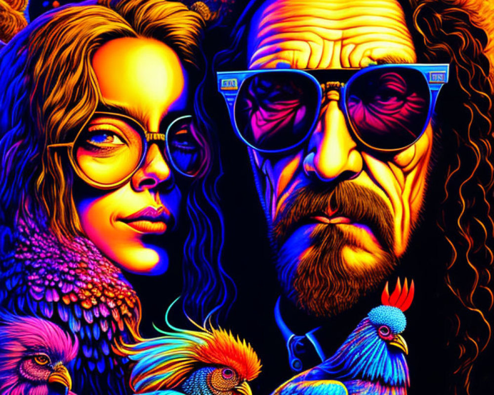 Colorful psychedelic portrait with man and woman in glasses and birds in 1960s-70s