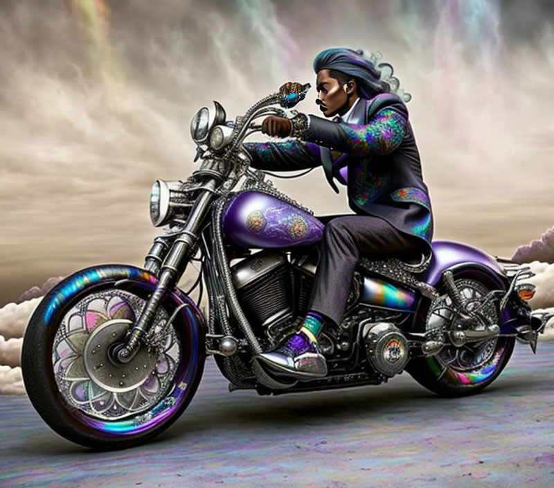 Colorful person riding purple motorcycle in surreal clouds