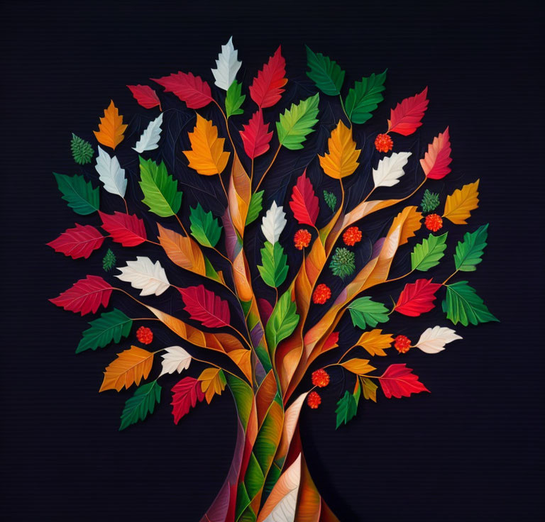 Vibrant tree art with multicolored leaves and berries on dark backdrop