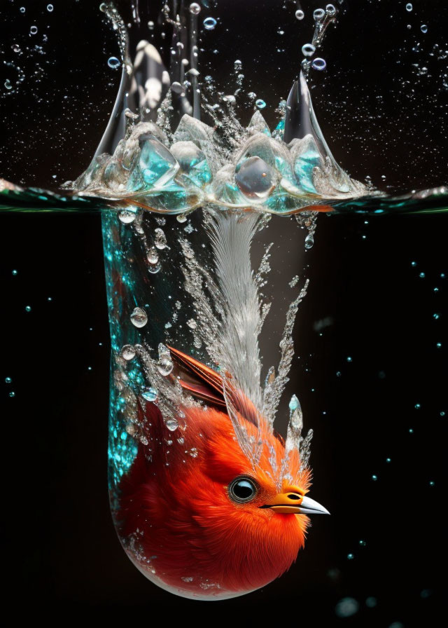 Orange Bird Toy Submerged in Water Creating Splash and Bubbles