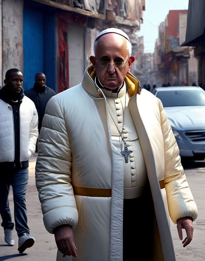 Man in Pope-like attire with white puffer jacket on street