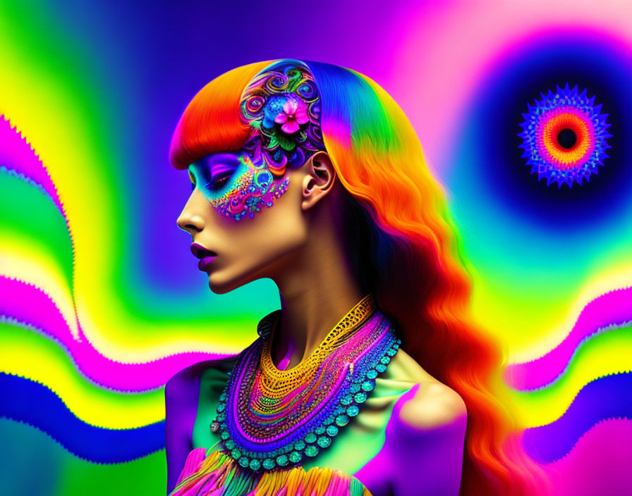 Colorful Woman with Rainbow Hair and Face Paint in Psychedelic Background