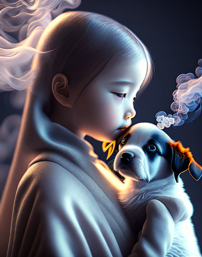 Digital Artwork: Pensive Girl with Shawl Embracing Dog and Glowing Butterfly
