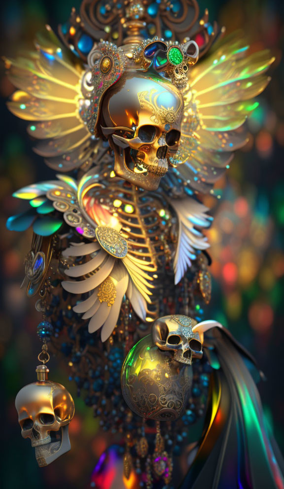Skull with Gold Adornments and Metallic Wings on Colorful Background