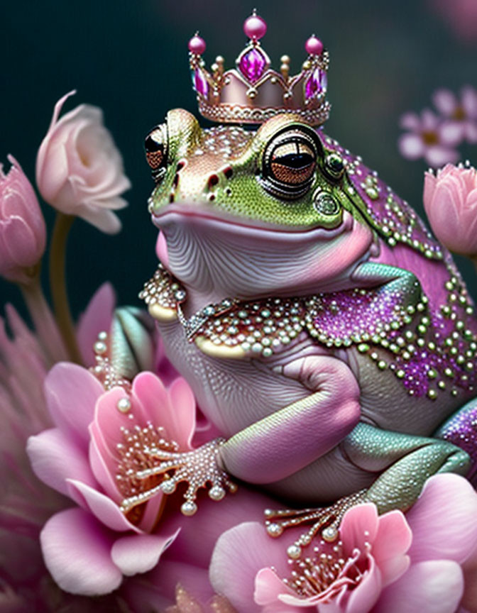 Colorful Bejeweled Frog with Crown in Pink Flower Setting