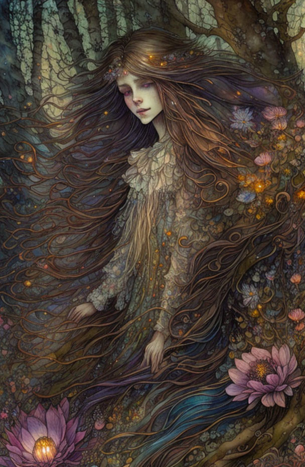Ethereal female figure with flowing floral hair in mystical wooded setting