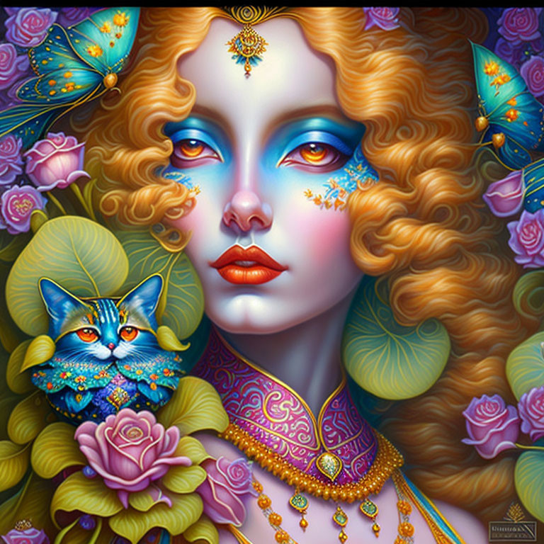 Stylized portrait of woman with golden hair and blue eyes, holding cat against floral backdrop
