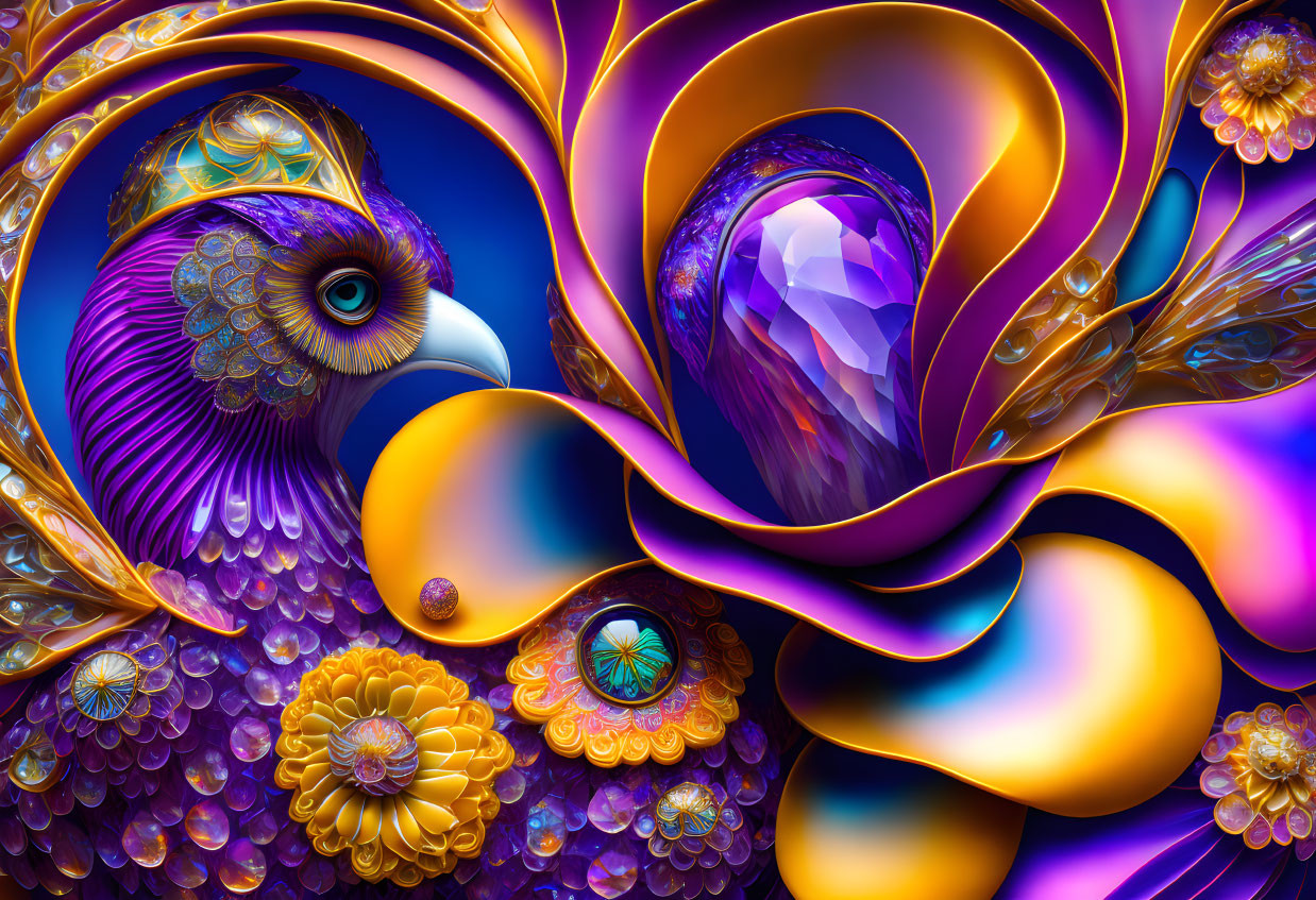 Vibrant abstract peacock art with intricate patterns in blues, purples, and golds